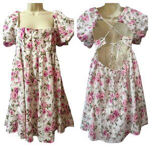 Sky To‎ Moon Women's Teen Mini Dress Size L Floral Pink White Puff S/S Open Back